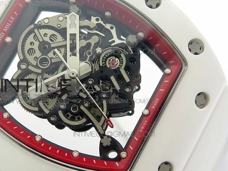 RM055 Real White Ceramic Case V2 KVF Best Edition Skeleton Dial Red Crown on White Rubber Strap MIYOTA8215