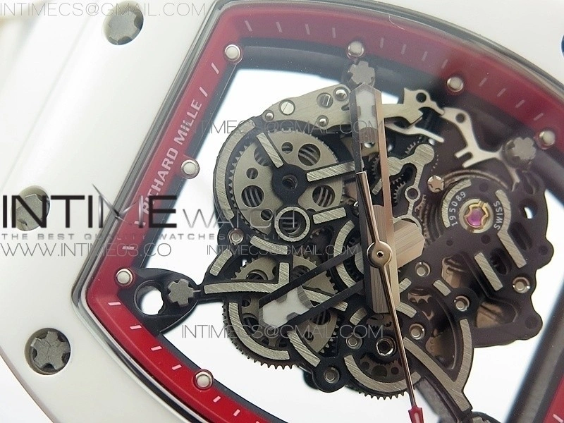 RM055 Real White Ceramic Case V2 KVF Best Edition Skeleton Dial Red Crown on White Rubber Strap MIYOTA8215