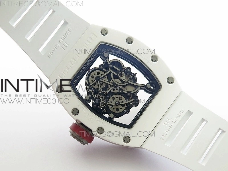 RM055 Real White Ceramic Case V2 KVF Best Edition Skeleton Dial Red Crown on White Rubber Strap MIYOTA8215