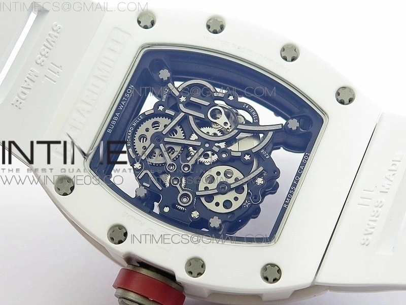 RM055 Real White Ceramic Case V2 KVF Best Edition Skeleton Dial Red Crown on White Rubber Strap MIYOTA8215