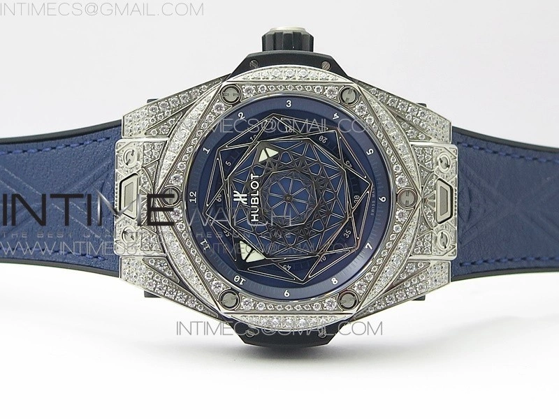 Big Bang Sang Bleu Ti Crystal Bezel And Case WWF 1:1 Best Edition Blue Skeletonal Dial On Blue Gummy Strap Asian HB1213 V2