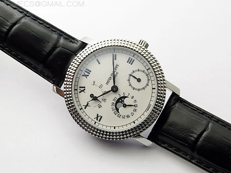 Calatrava 5057 Cortina Watch 50th Anniversary SS 3EF Best Edition White Dial on Black Leather Strap A240
