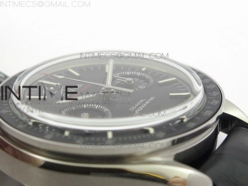 SpeedMaster MoonWatch SS V2 OMF 1:1 Best Edition Black Dial Red Words on Black Leather Strap A9300