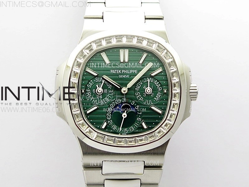 Nautilus 5740 T Diamonds Bezel SS TWF Best Edition Green Dial on SS Bracelet A240