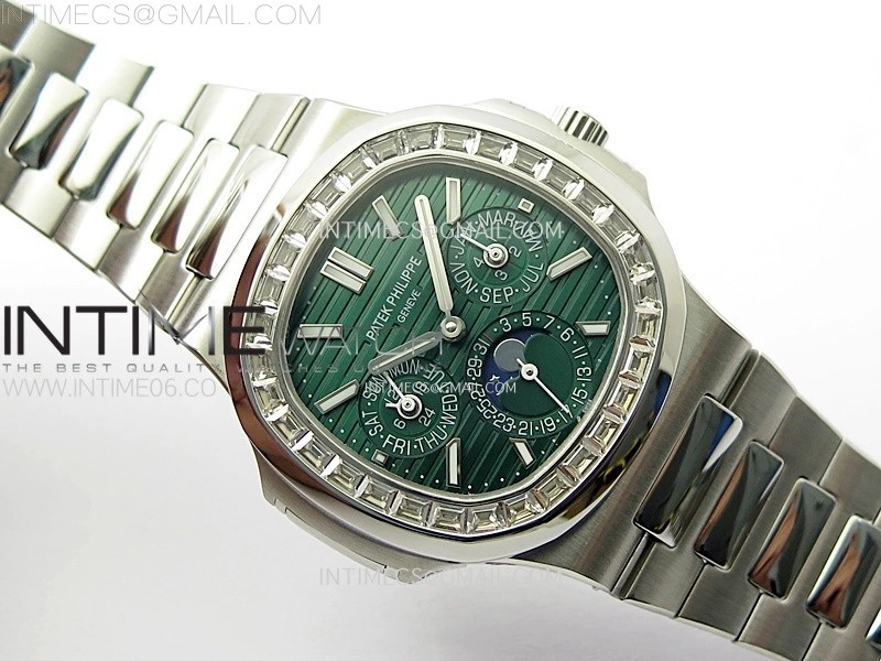 Nautilus 5740 T Diamonds Bezel SS TWF Best Edition Green Dial on SS Bracelet A240