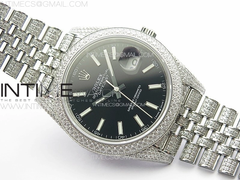 DateJust 41 126334 Full Paved Diamonds BP Best Edition Black Dial Stick Markers on Jubilee Bracelet A2824