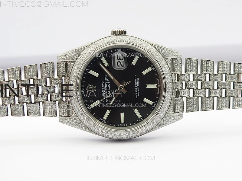 DateJust 41 126334 Full Paved Diamonds BP Best Edition Black Dial Stick Markers on Jubilee Bracelet A2824