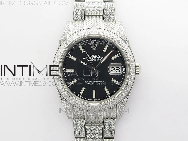 DateJust 41 126334 904 Full Paved Diamonds BP Best Edition Black Dial Sticks Markers on Oyster Bracelet A2824