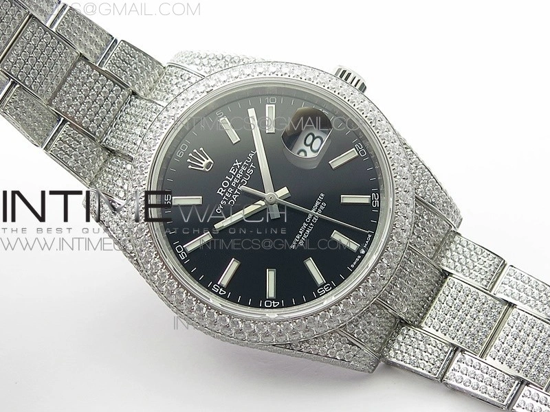 DateJust 41 126334 904 Full Paved Diamonds BP Best Edition Black Dial Sticks Markers on Oyster Bracelet A2824