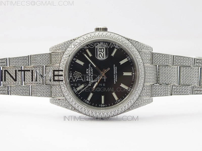 DateJust 41 126334 904 Full Paved Diamonds BP Best Edition Black Dial Sticks Markers on Oyster Bracelet A2824
