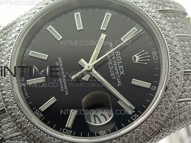 DateJust 41 126334 904 Full Paved Diamonds BP Best Edition Black Dial Sticks Markers on Oyster Bracelet A2824