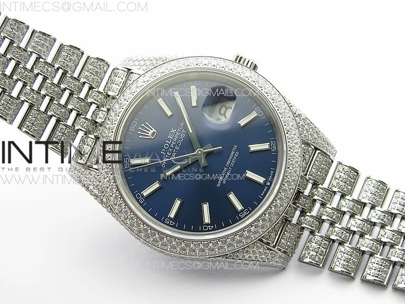DateJust 41 126334 Full Paved Diamonds BP Best Edition Blue Dial Sticks Markers on Jubilee Bracelet A2824