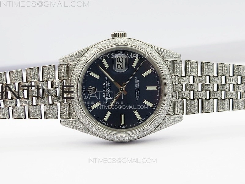 DateJust 41 126334 Full Paved Diamonds BP Best Edition Blue Dial Sticks Markers on Jubilee Bracelet A2824