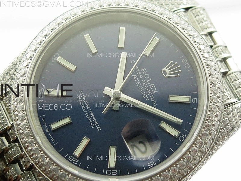DateJust 41 126334 Full Paved Diamonds BP Best Edition Blue Dial Sticks Markers on Jubilee Bracelet A2824