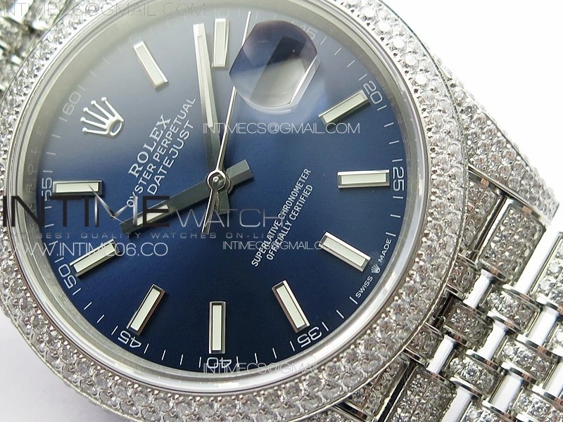 DateJust 41 126334 Full Paved Diamonds BP Best Edition Blue Dial Sticks Markers on Jubilee Bracelet A2824