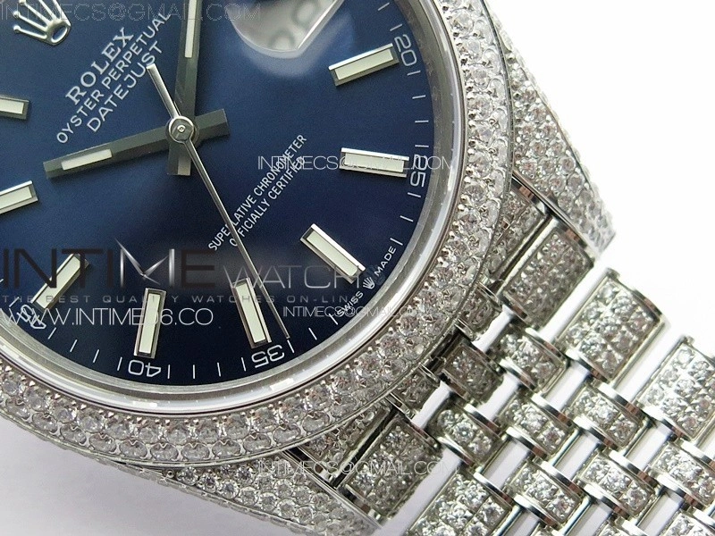 DateJust 41 126334 Full Paved Diamonds BP Best Edition Blue Dial Sticks Markers on Jubilee Bracelet A2824