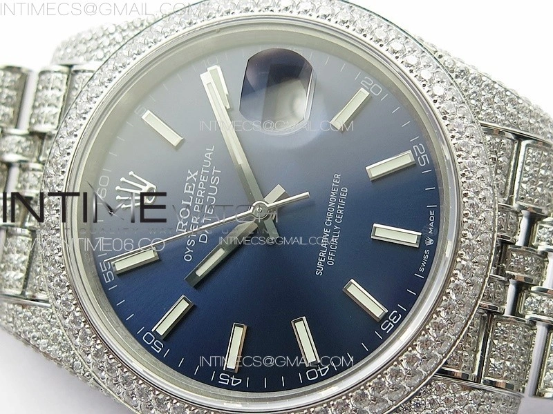 DateJust 41 126334 Full Paved Diamonds BP Best Edition Blue Dial Sticks Markers on Jubilee Bracelet A2824