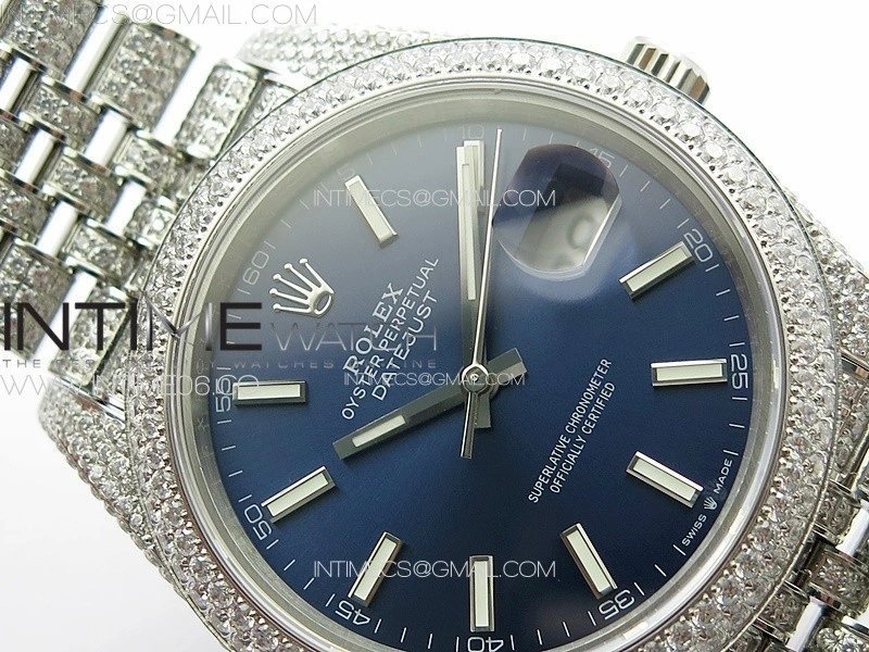 DateJust 41 126334 Full Paved Diamonds BP Best Edition Blue Dial Sticks Markers on Jubilee Bracelet A2824