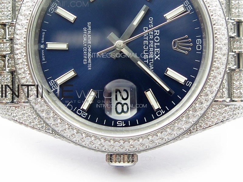 DateJust 41 126334 Full Paved Diamonds BP Best Edition Blue Dial Sticks Markers on Jubilee Bracelet A2824