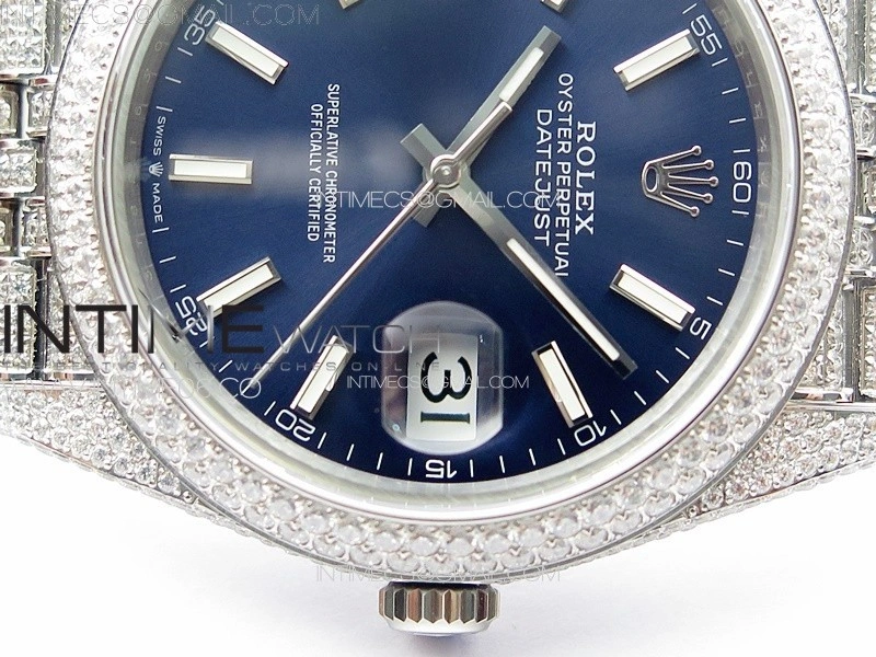 DateJust 41 126334 Full Paved Diamonds BP Best Edition Blue Dial Sticks Markers on Jubilee Bracelet A2824