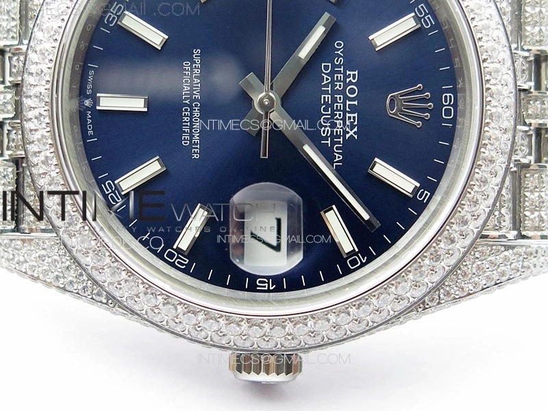 DateJust 41 126334 Full Paved Diamonds BP Best Edition Blue Dial Sticks Markers on Jubilee Bracelet A2824