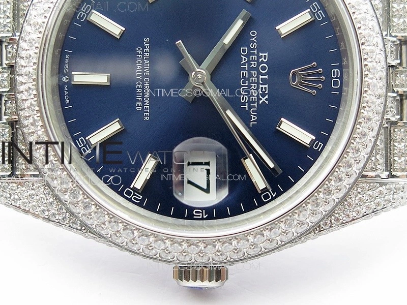 DateJust 41 126334 Full Paved Diamonds BP Best Edition Blue Dial Sticks Markers on Jubilee Bracelet A2824