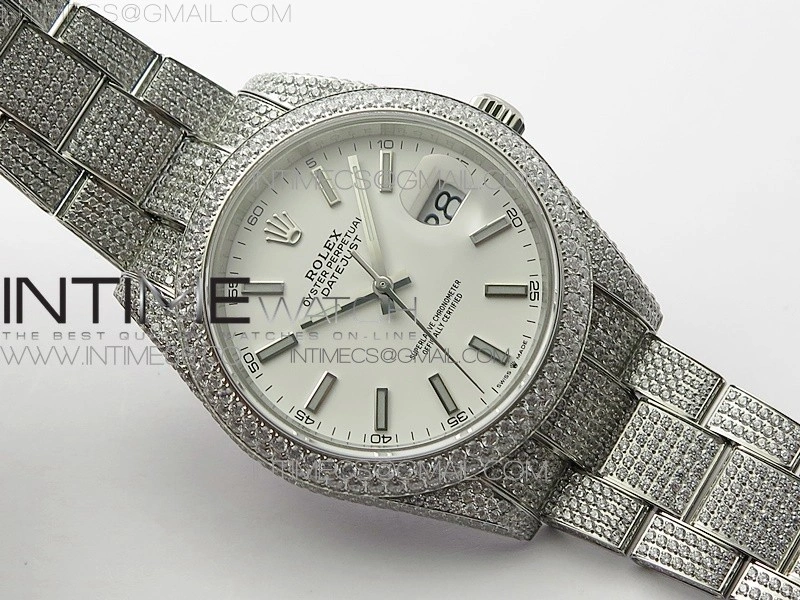DateJust 41 126334 904 Full Paved Diamonds BP Best Edition White Dial Sticks Markers on Oyster Bracelet A2824
