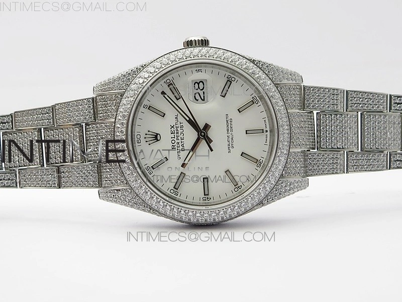 DateJust 41 126334 904 Full Paved Diamonds BP Best Edition White Dial Sticks Markers on Oyster Bracelet A2824