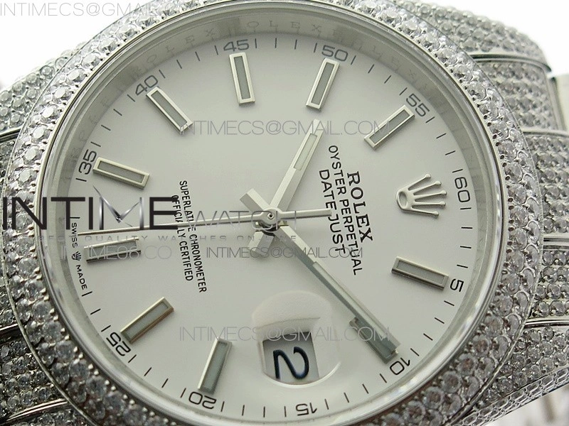 DateJust 41 126334 904 Full Paved Diamonds BP Best Edition White Dial Sticks Markers on Oyster Bracelet A2824