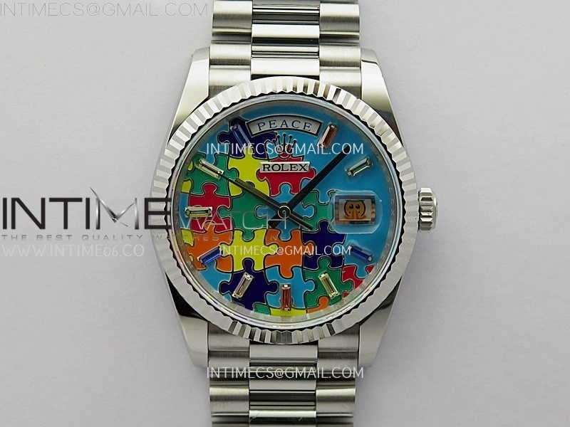Daydate 128239 36mm Colour Jigsaw Puzzle SS QHF Best Edition Turquoise Blue Dial on SS President Bracelet A2834
