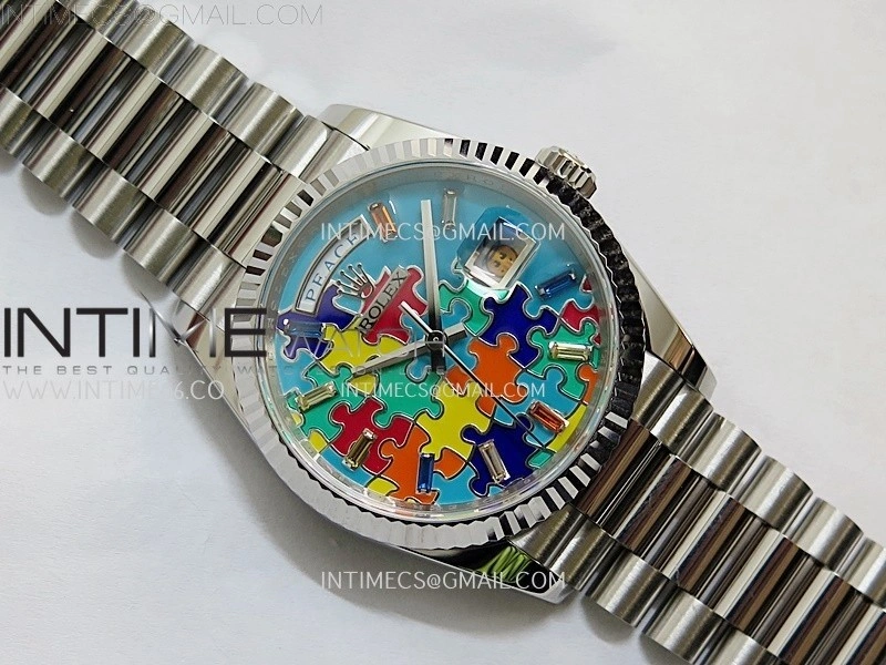 Daydate 128239 36mm Colour Jigsaw Puzzle SS QHF Best Edition Turquoise Blue Dial on SS President Bracelet A2834