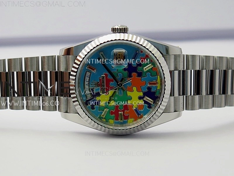 Daydate 128239 36mm Colour Jigsaw Puzzle SS QHF Best Edition Turquoise Blue Dial on SS President Bracelet A2834