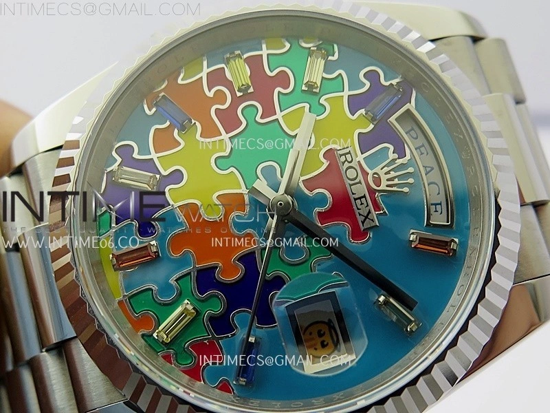 Daydate 128239 36mm Colour Jigsaw Puzzle SS QHF Best Edition Turquoise Blue Dial on SS President Bracelet A2834