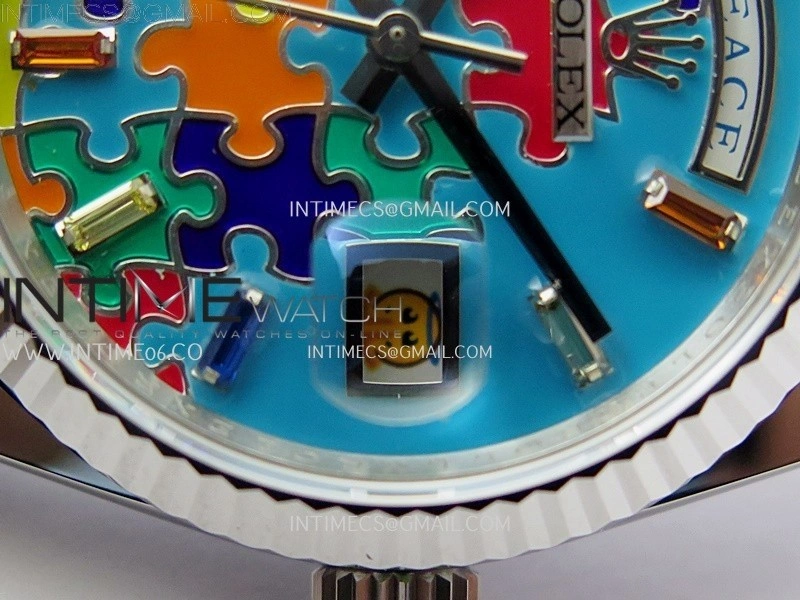 Daydate 128239 36mm Colour Jigsaw Puzzle SS QHF Best Edition Turquoise Blue Dial on SS President Bracelet A2834
