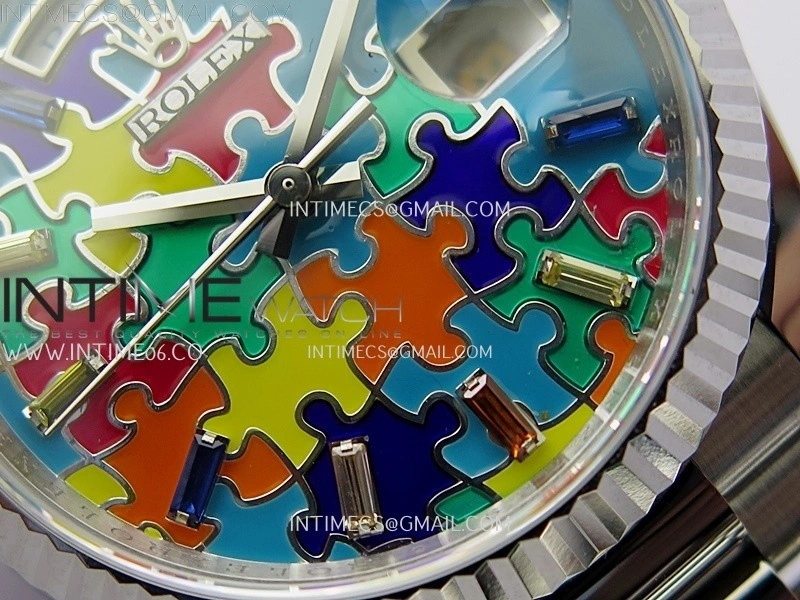 Daydate 128239 36mm Colour Jigsaw Puzzle SS QHF Best Edition Turquoise Blue Dial on SS President Bracelet A2834