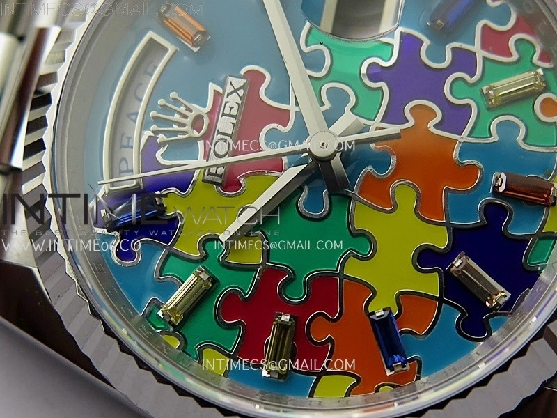Daydate 128239 36mm Colour Jigsaw Puzzle SS QHF Best Edition Turquoise Blue Dial on SS President Bracelet A2834