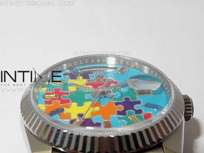 Daydate 128239 36mm Colour Jigsaw Puzzle SS QHF Best Edition Turquoise Blue Dial on SS President Bracelet A2834
