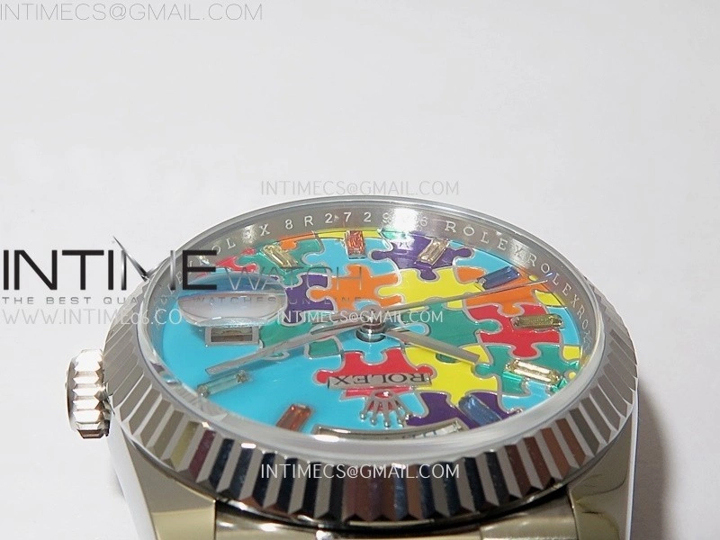 Daydate 128239 36mm Colour Jigsaw Puzzle SS QHF Best Edition Turquoise Blue Dial on SS President Bracelet A2834