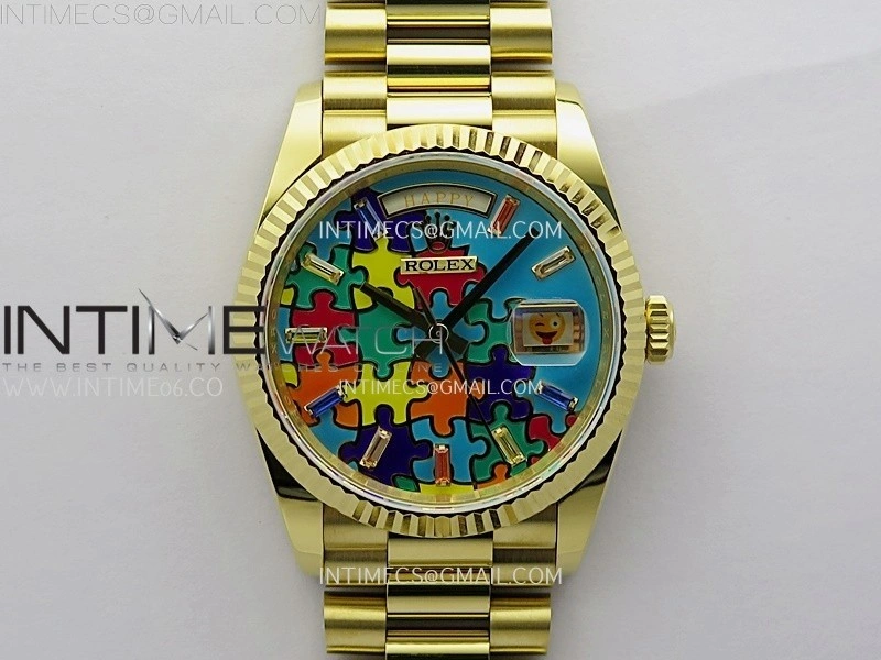 Daydate 128238 36mm Colour Jigsaw Puzzle YG QHF Best Edition Turquoise Blue Dial on YG President Bracelet A2834