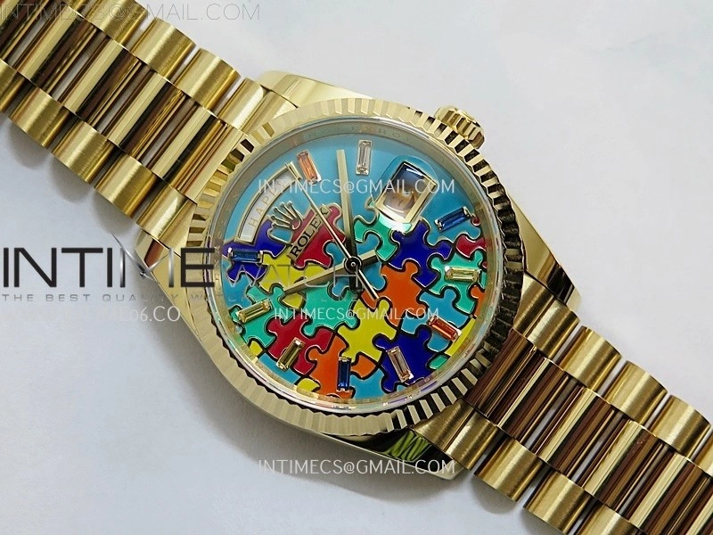 Daydate 128238 36mm Colour Jigsaw Puzzle YG QHF Best Edition Turquoise Blue Dial on YG President Bracelet A2834