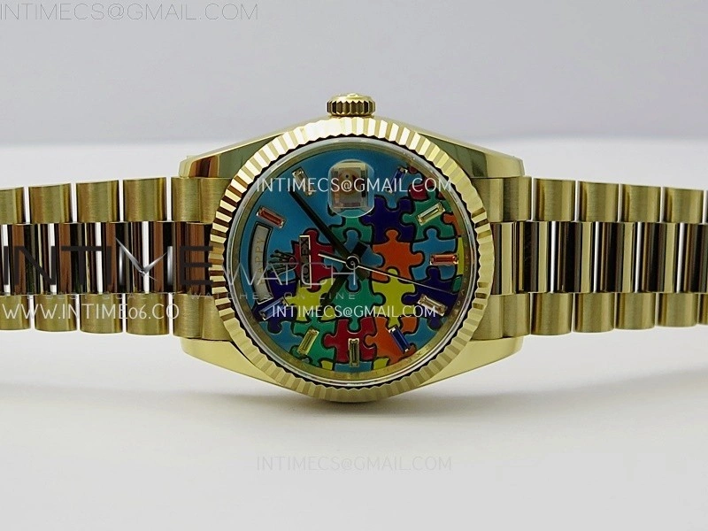 Daydate 128238 36mm Colour Jigsaw Puzzle YG QHF Best Edition Turquoise Blue Dial on YG President Bracelet A2834