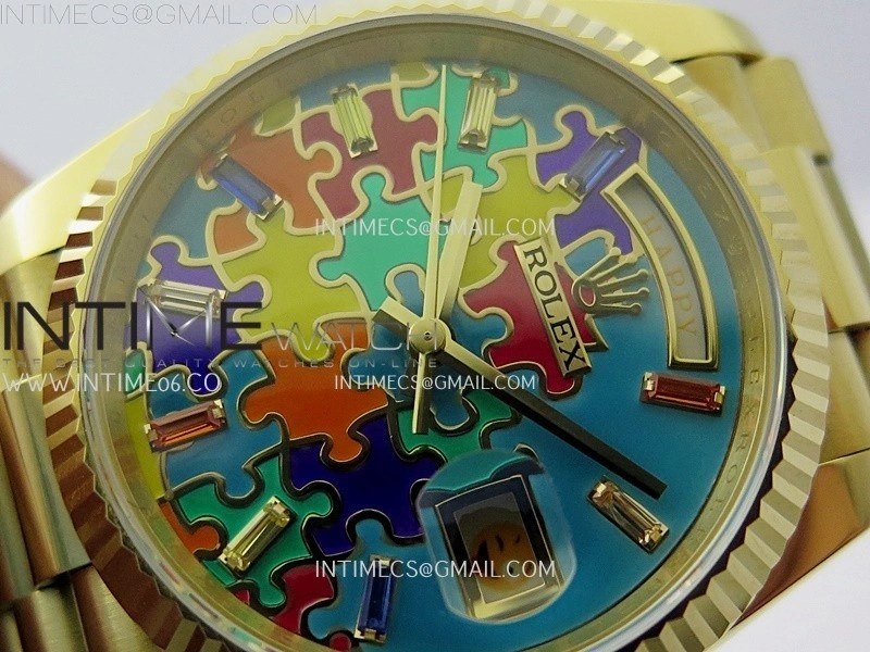 Daydate 128238 36mm Colour Jigsaw Puzzle YG QHF Best Edition Turquoise Blue Dial on YG President Bracelet A2834