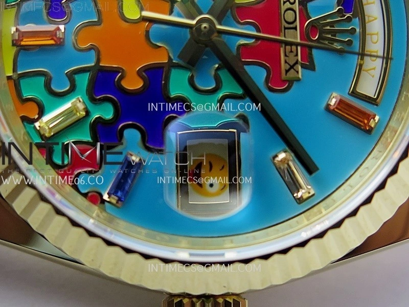 Daydate 128238 36mm Colour Jigsaw Puzzle YG QHF Best Edition Turquoise Blue Dial on YG President Bracelet A2834