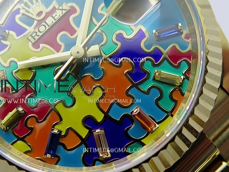 Daydate 128238 36mm Colour Jigsaw Puzzle YG QHF Best Edition Turquoise Blue Dial on YG President Bracelet A2834