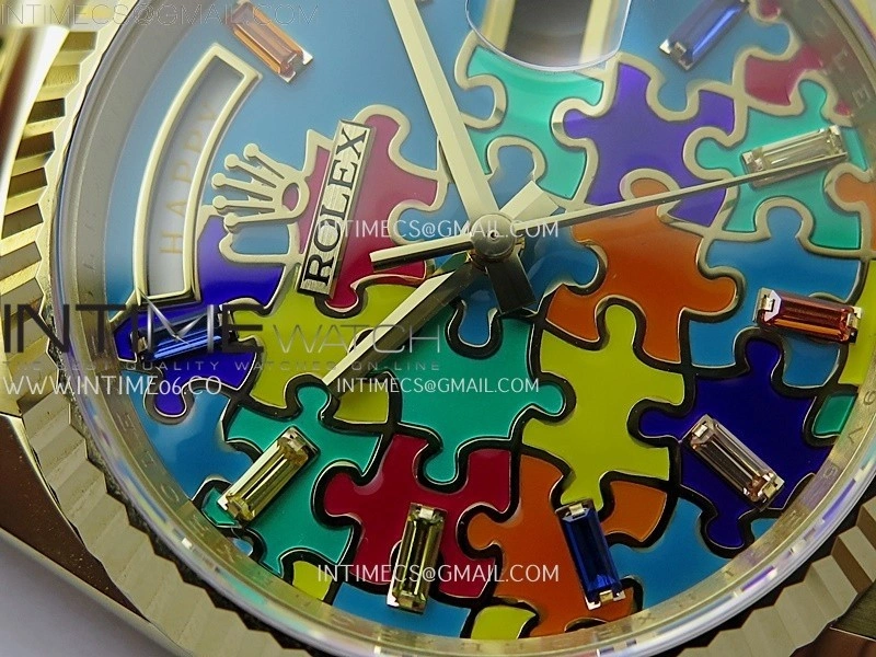Daydate 128238 36mm Colour Jigsaw Puzzle YG QHF Best Edition Turquoise Blue Dial on YG President Bracelet A2834