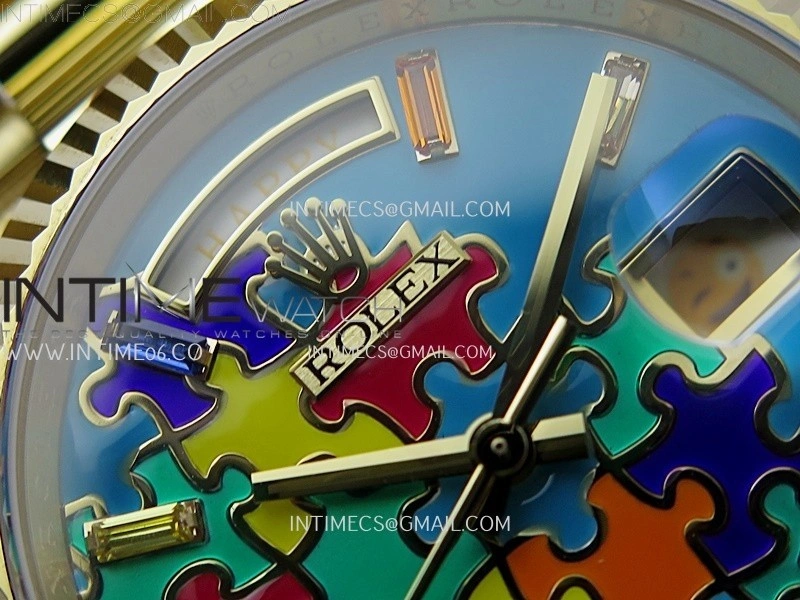 Daydate 128238 36mm Colour Jigsaw Puzzle YG QHF Best Edition Turquoise Blue Dial on YG President Bracelet A2834