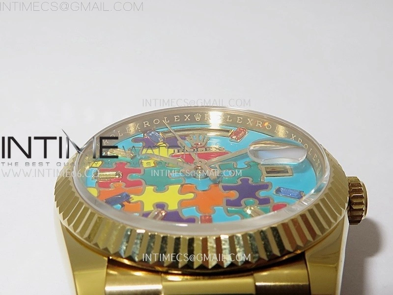 Daydate 128238 36mm Colour Jigsaw Puzzle YG QHF Best Edition Turquoise Blue Dial on YG President Bracelet A2834