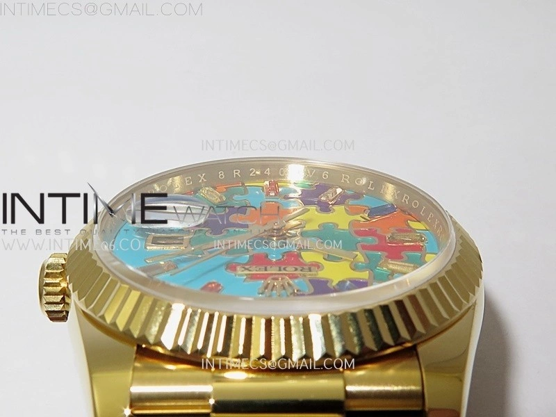 Daydate 128238 36mm Colour Jigsaw Puzzle YG QHF Best Edition Turquoise Blue Dial on YG President Bracelet A2834