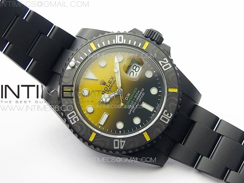 Submariner DIW Carbon Bezel VSF 1:1 Best Edition Yellow Dial on DLC Bracelet VS3135