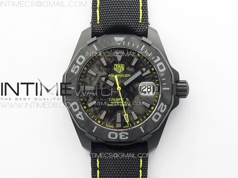 Aquaracer Calibre 5 PVD 41mm TARF 1:1 Best Edition Carbon Yellow Dial on Black Nylon Strap SW200